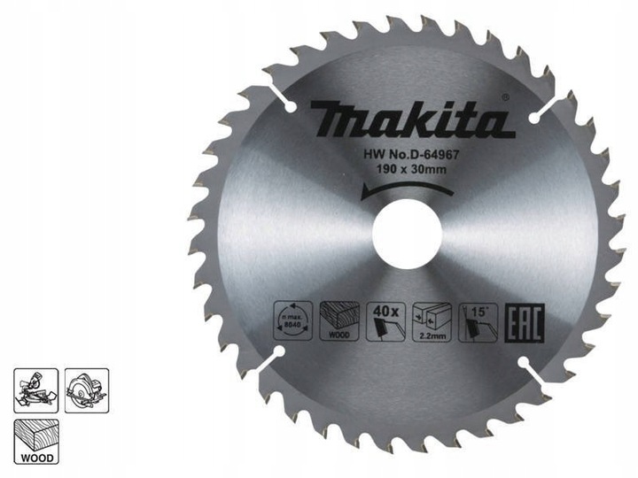 MAKITA Tarcza piła tnąca do cięcia drewna 190x30 mm 40 Zębów D-64967