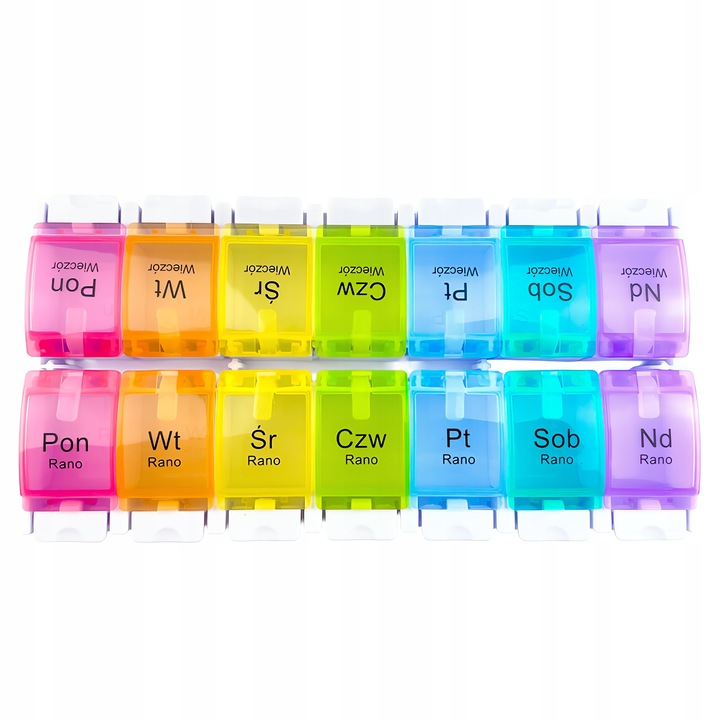 PUDEŁKO NA LEKI 14 POJEMNIKÓW KOLOROWE 7 DNI NAPISY PL