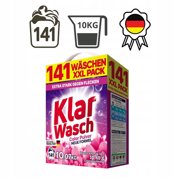 PROSZEK DO PRANIA KLAR WASCH KOLOR 10KG OPAKOWANIE XXL 141 PRAŃ