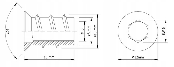 Mufa do drewna M6 x 15 mm 100 szt. dwugwintowa wkręcana z kołnierzem