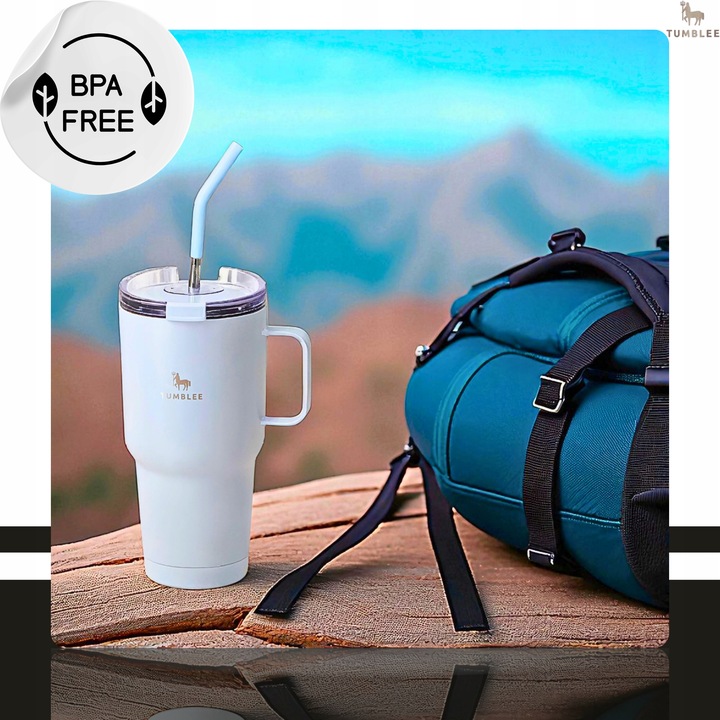 Kubek Termiczny z WYGODNYM Uchwytem i STALOWĄ Słomką TEMPERATURA DO