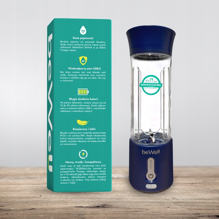 BLENDER KIELICHOWY DO SMOOTHIE KOKTAJLI RĘCZNY beWell Plus 500ml PRZENOŚNY