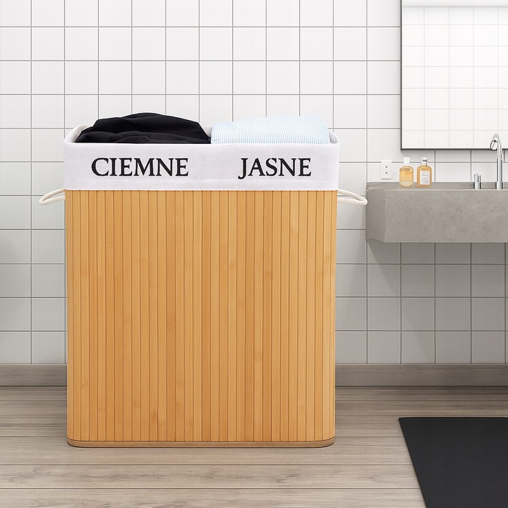 KOSZ BAMBUSOWY NA PRANIE BIELIZNĘ ZAMYKANY DWUKOMOROWY POJEMNIK WĄSKI 100L