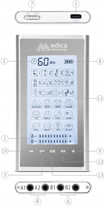 ELEKTROSTYMULATOR MIĘŚNI MASAŻER TENS EMS + ELEKTRODY 16 szt. ZESTAW XXL