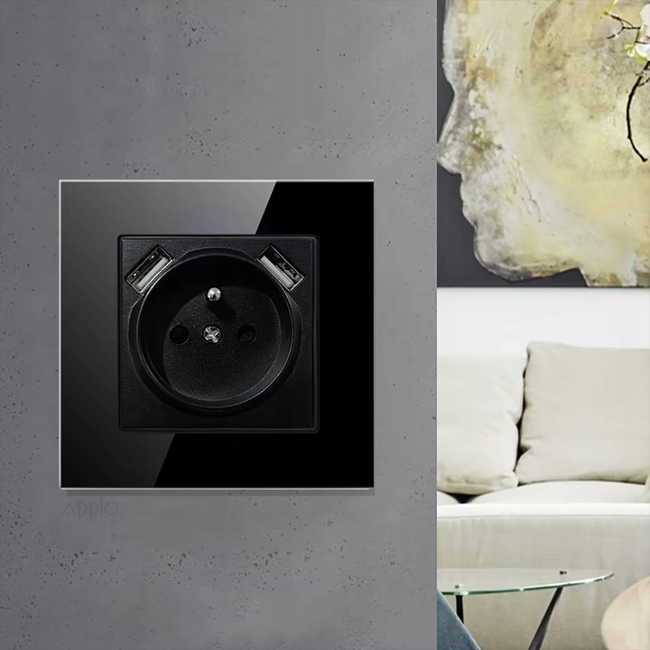 Kontakt GNIAZDO ELEKTRYCZNE Z BOLCEM szklane POJEDYNCZE CZARNE 2x USB