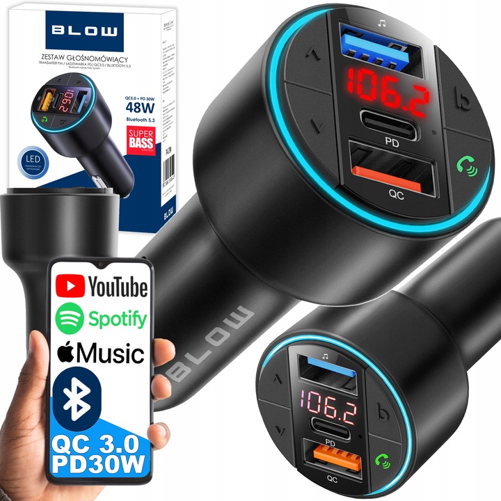 TRANSMITER FM ŁADOWARKA BLUETOOTH BT USB TYP-C QC 3.0 + PD 30W BASS