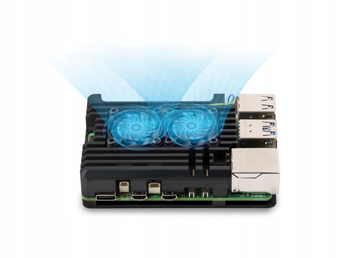 Aluminiowa obudowa do Raspberry Pi 5 z dwoma wentylatorami PWM i radiatorem