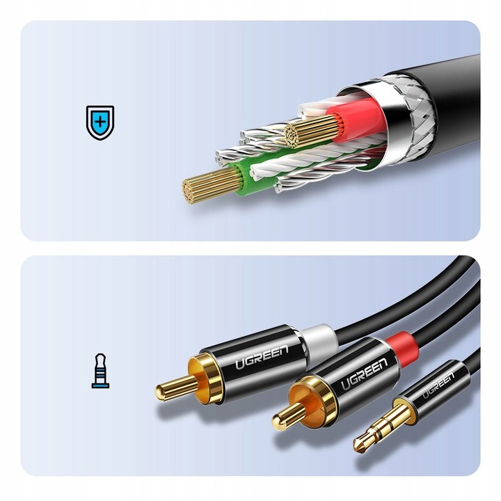 KABEL AUDIO UGREEN MINI JACK 3,5 mm DO 2RCA CINCH MOCNY PRZEWÓD 3M