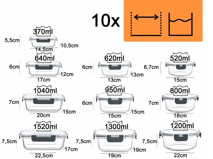 10 X LUNCHBOX SZKLANE POJEMNIKI NA ŻYWNOŚĆ USZCZELKA ŻAROODPORNE ZESTAW