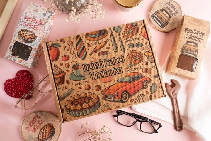 PREZENT NA DZIEŃ BABCI I DZIADKA zestaw z nadrukiem podkładki kawa herbata
