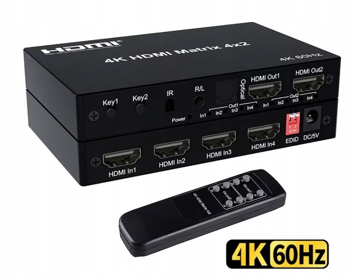 Matrix HDMI Switch Splitter 4x2 4K HDCP Rozdzielacz Toslink Jack + Pilot IR