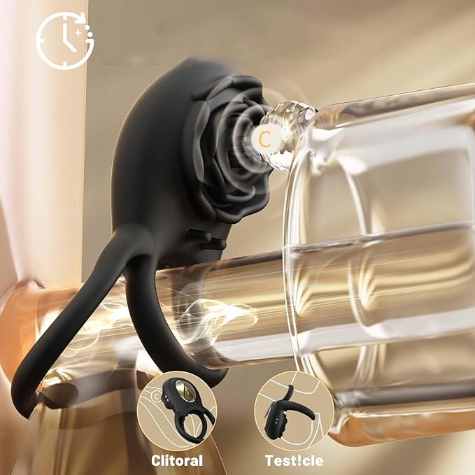 Męski wibrujący pierścień na penisa z różanym stymulatorem łechtaczki 8