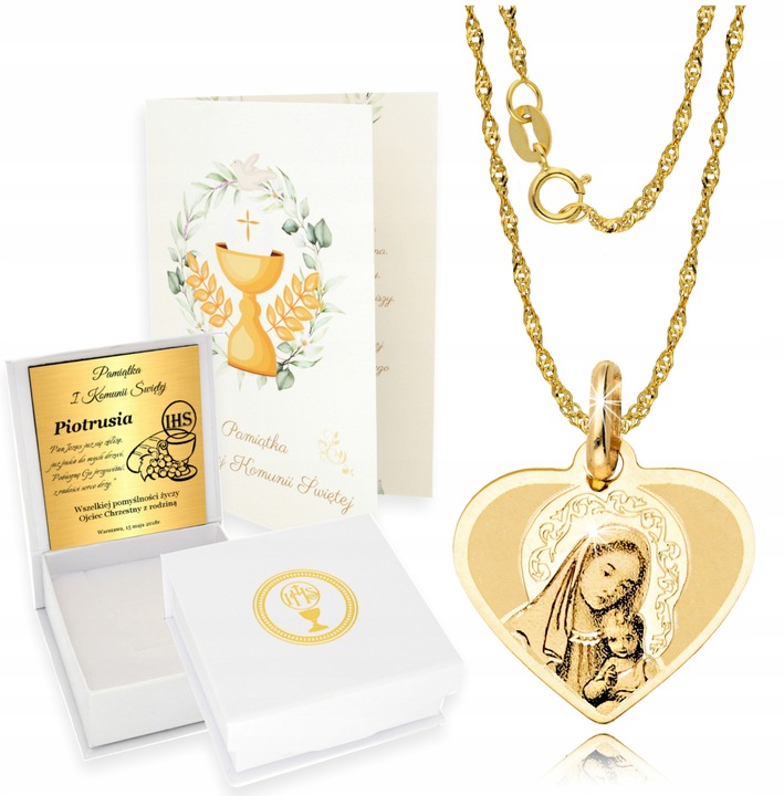 Złoty Łańcuszek z Medalikiem 585 Komunia Chrzest Grawer