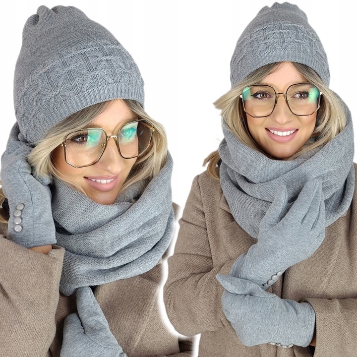 zimowy KOMPLET damski CZAPKA + KOMIN + RĘKAWICZKI dotykowe CIEPŁY
