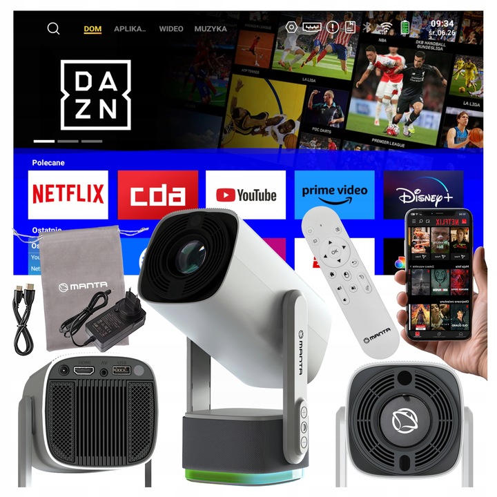 PROJEKTOR RZUTNIK AKUMULATOR PRZENOŚNY OBROTOWY LED MOBILNY SMART TV +HDMI