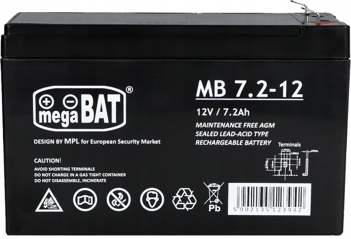 Akumulator VRLA MegaBat AGM 12V 7.2Ah MB 7.2-12 do alarmu