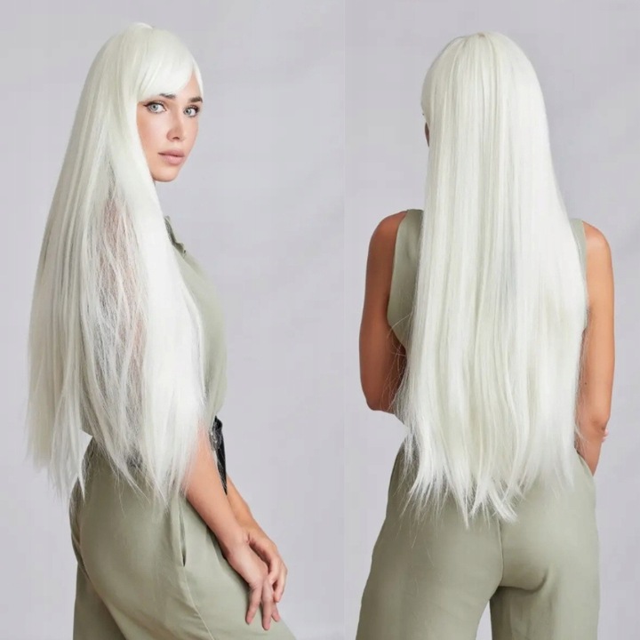 Peruka długa biała 100 cm cosplay karnawał włosy proste grzywka czepek