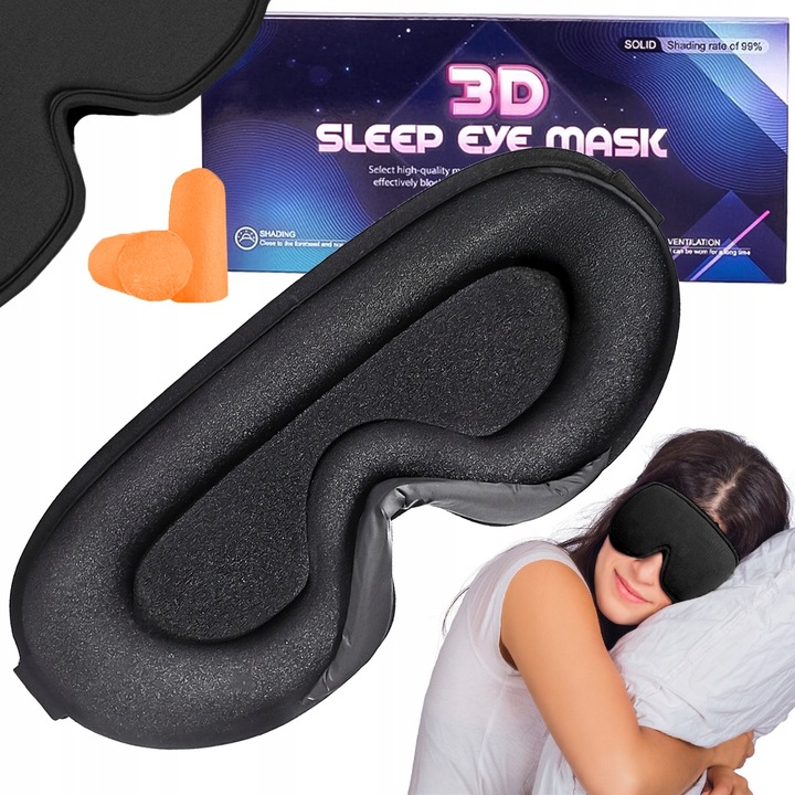 OPASKA NA OCZY DO SPANIA MASKA 3D REGULOWANA CZARNA + ZATYCZKI DO USZU