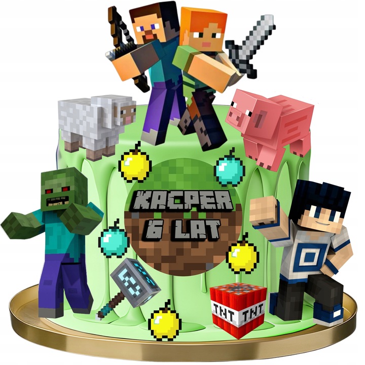 OPŁATEK CUKROWY GAMINGOWE PIKSELE TNT CREEPER WYDRUK + 13szt POSTACI +TEKST