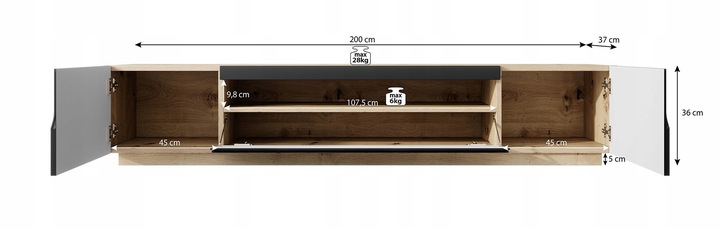 Szafka RTV czarna mat+dąb Artisan Wisząca i stojąca Odyn