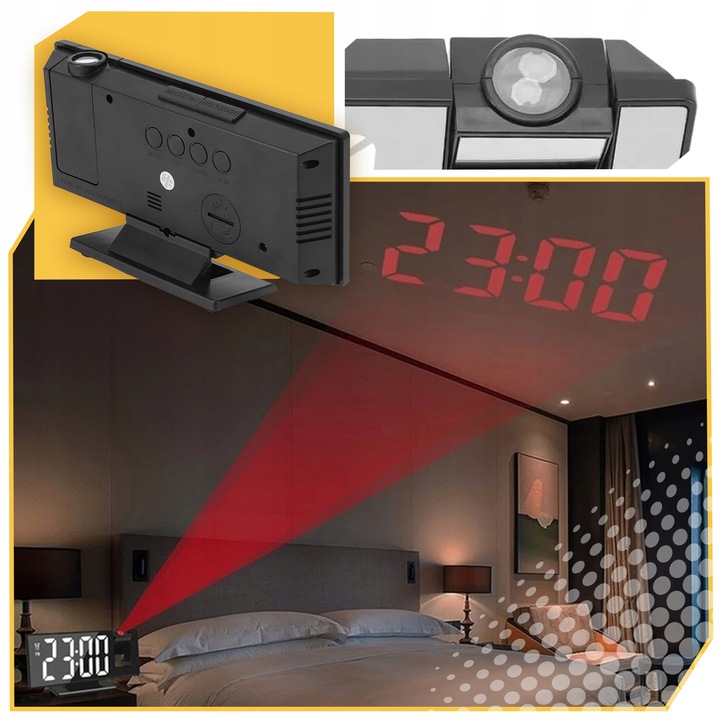 ZEGAR Budzik ELEKTRONICZNY z projektorem LED cyfrowy LUSTRO TERMOMETR 4w1