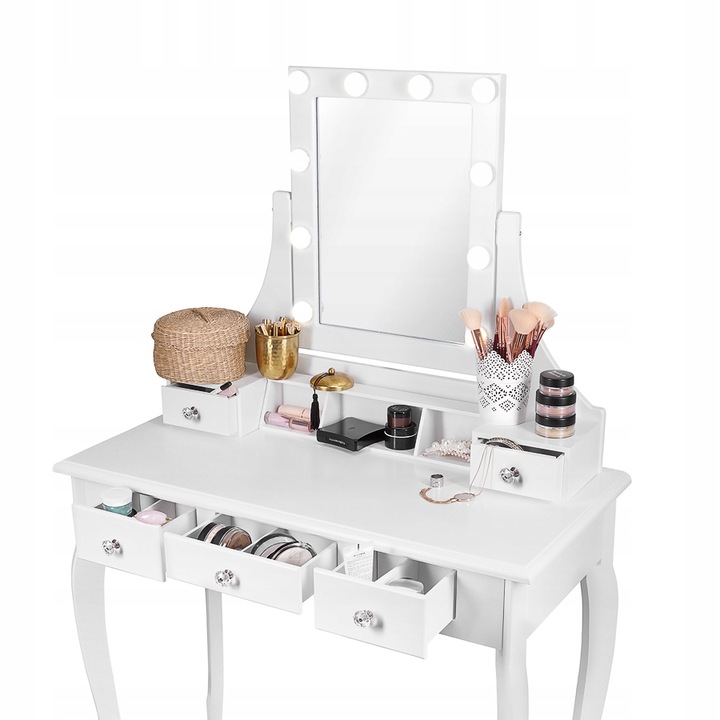 TOALETKA KOSMETYCZNA z LUSTREM LED BIAŁA + TABORET