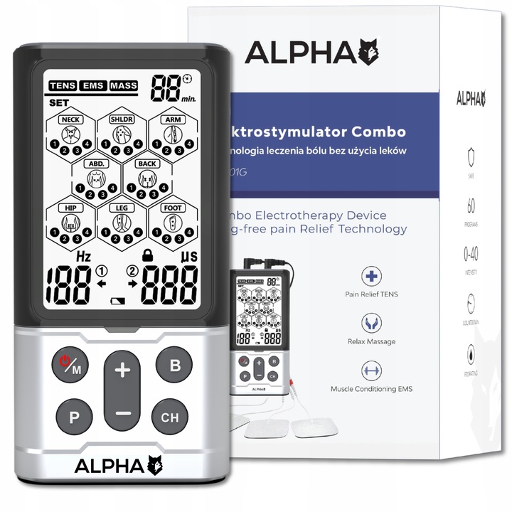 Elektrostymulator mięśni i nerwów TENS EMS MASAŻ 60 prog ALPHA + elektrody
