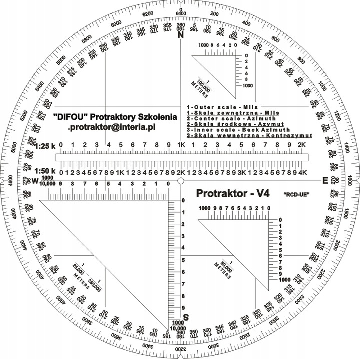 Protraktor taktyczny V4 DIFOU | Kątomierz wojskowy do pracy na mapie