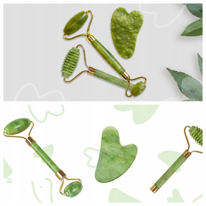 3w1 Masażer do twarzy KAMIEŃ GUA SHA z jadeitu zestaw roller wałek masażu