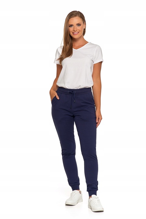 SPODNIE DRESOWE DAMSKIE BAWEŁNIANE JOGGERY BEZ WZORU MORAJ GRANATOWE S