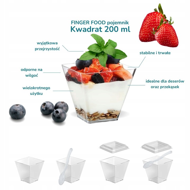 Pucharki plastikowe do deserów i przekąsek 200 ml kwadrat z pokrywką 50szt