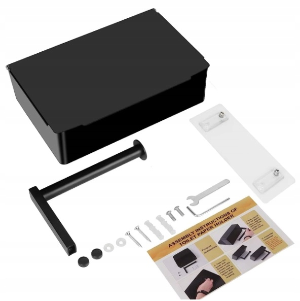 Uchwyt na Papier Toaletowy z Półką Wieszak Czarny POJEMNIK NA CHUSTECZKI WC