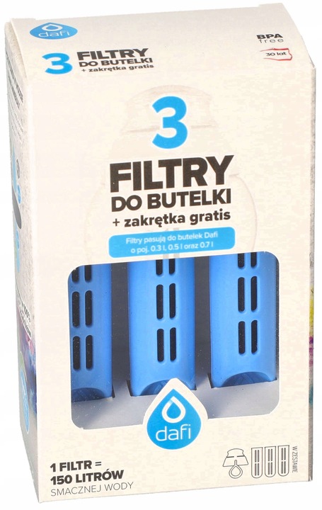 Zestaw Dafi niebieski zakrętka + 3 filtry do butelki Dafi Soft i Solid
