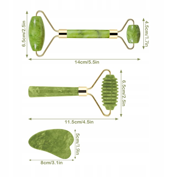 3w1 Masażer do twarzy KAMIEŃ GUA SHA z jadeitu zestaw roller wałek masażu