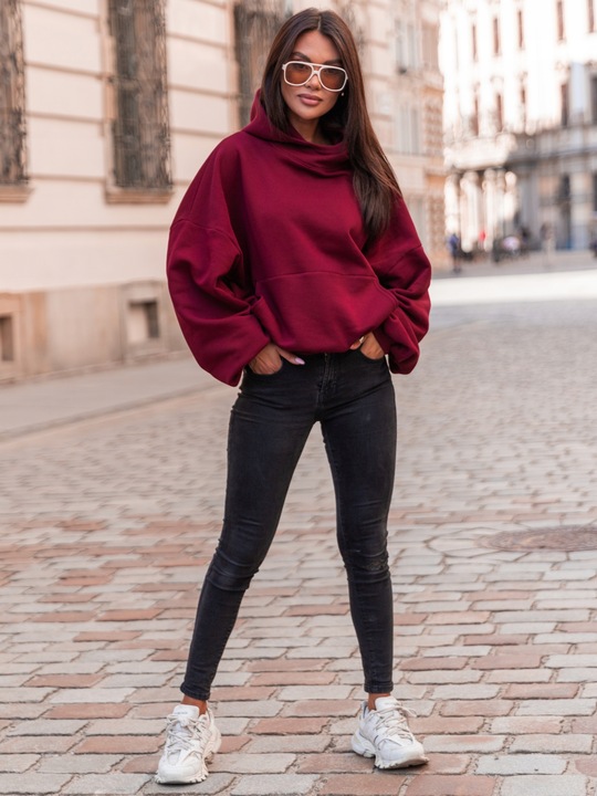 Bawełniana dresowa damska bluza z kapturem na stójce oversize bordowa