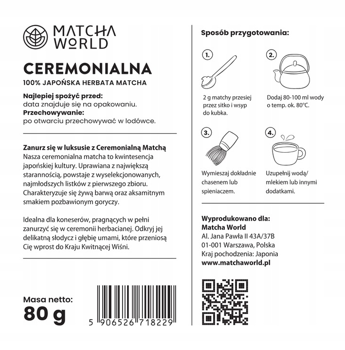 Matcha World Japońska Ceremonialna zielona herbata premium 80g