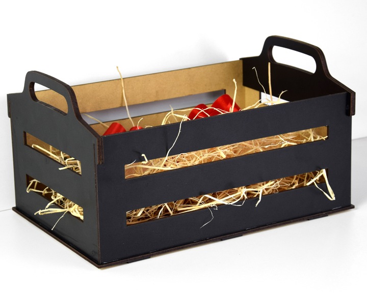 Czarny Koszyk Kosz Prezentowy Skrzynka Drewniana na Prezent Ślub Urodziny