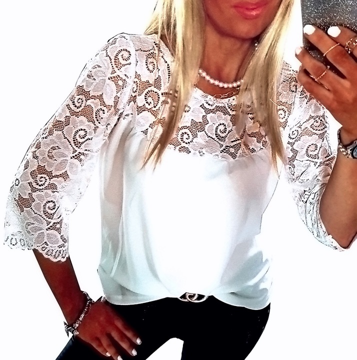 . BIAŁA BLUZKA ELEGANCKA Z KORONKĄ KOSZULA LUŹNA