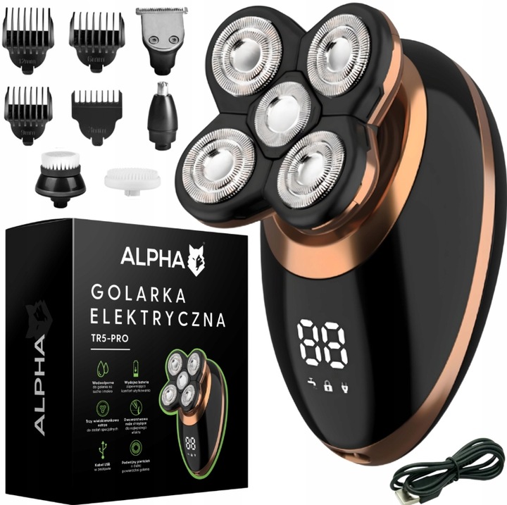 Golarka Męska 5W1 Maszynka do Golenia Brody, Włosów i Głowy - Trymer Alpha