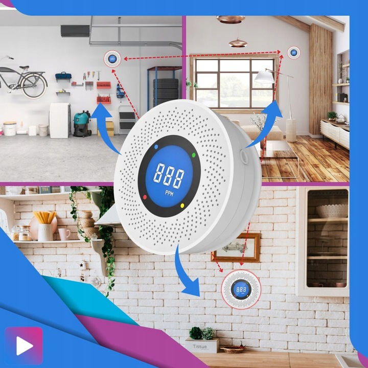 Czujnik Dymu Czadu Gazu CO Tlenku Węgla LCD Czujka Sensor Detektor Premium