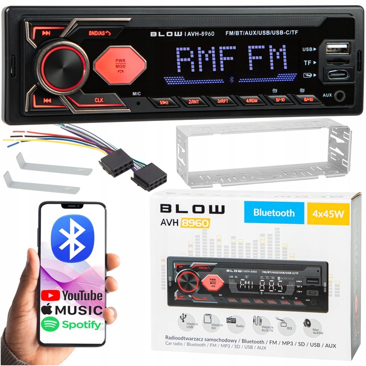 RADIO SAMOCHODOWE BLUETOOTH 1-DIN RDS USB-C AUX RCA SD MP3 LCD