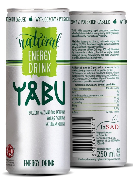 24x YABU Natural Energy Drink jabłkowy 250ml ZESTAW BEZ DODATKU CUKRU