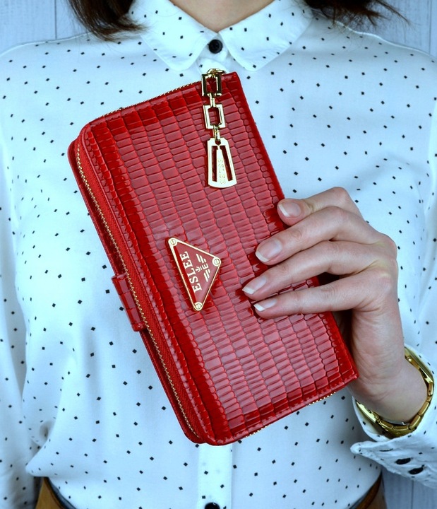 PORTFEL DAMSKI PODWÓJNY Czerwony Organizer Duży stylowy