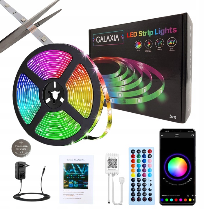 TAŚMA LED RGB 5m Ledy 5050 Listwa 230v 12v Z Zasilaczem NA PILOTA BLUETOOTH