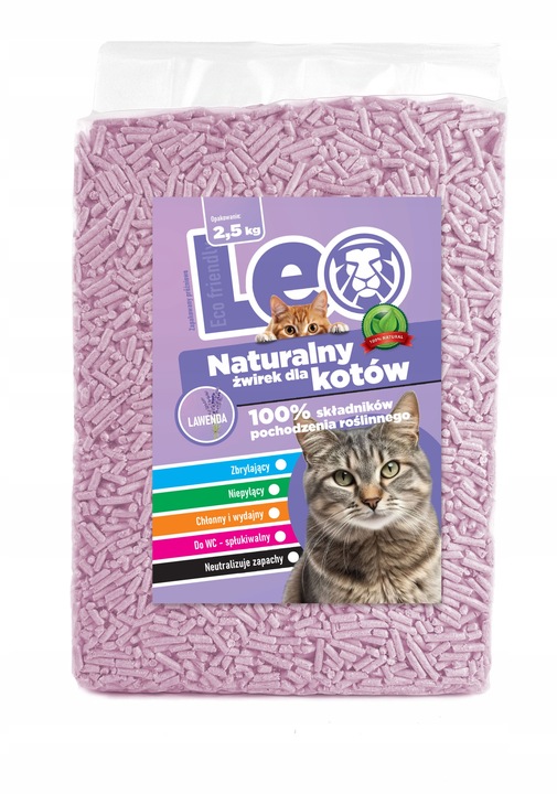 Żwirek dla kota tofu Leo zbrylający biodegradowalny eko 2,5 kg lawenda