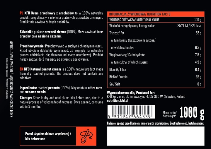 KFD Krem Orzechowy z Arachidów 100% Smooth gładki 1000g