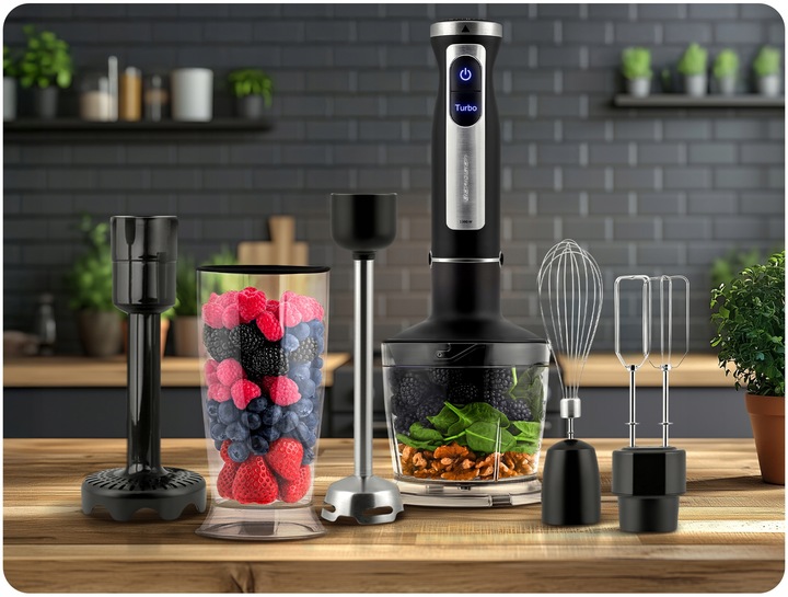 Blender ręczny 1500W czarny Berdsen tytanowe ostrza wielofunkcyjny 5w1
