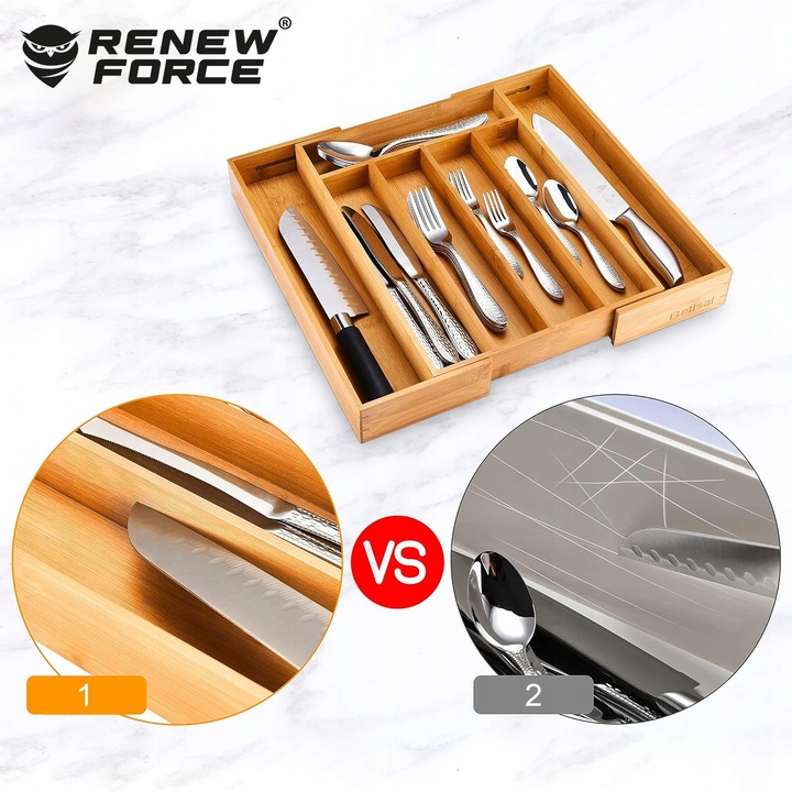 WKŁAD ORGANIZER DO SZUFLADY KUCHENNEJ NA SZTUĆCE BAMBUSOWY PREMIUM XXL 55cm