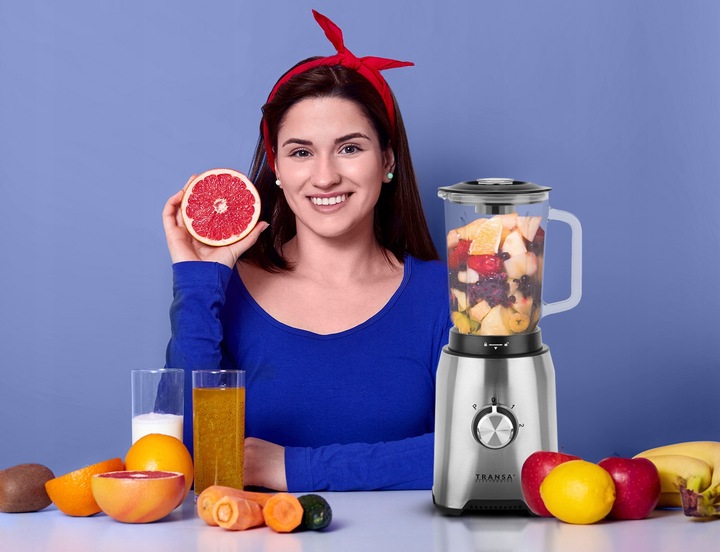 BLENDER KIELICHOWY SZKLANY do owoców i warzyw Kruszy Lód TRANSA 1600W