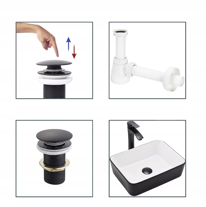 ZESTAW: KOREK KLIK-KLAK BEZ PRZELEWU CZARNY + SYFON UMYWALKOWY DO UMYWALKI